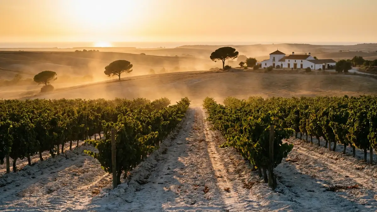 Sun-bleached white albariza soil between rows of Palomino vines on a low hill in the Jerez sherry region of Andalucía at golden hour