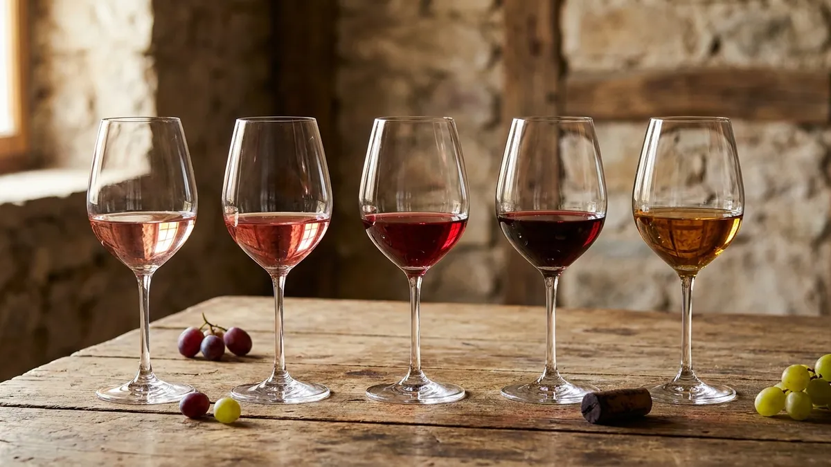 Five wine glasses in a row showing pale Poulsard red through to deep golden oxidative Savagnin from the Jura, on a rustic wooden cellar table