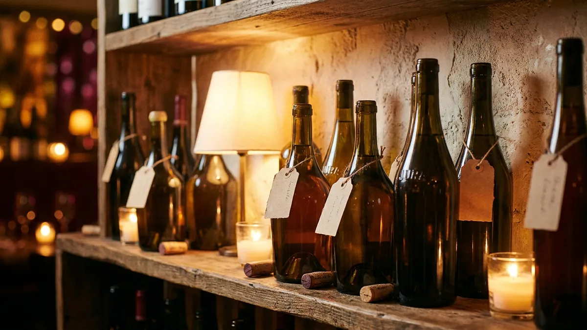 A natural wine bar shelf of unlabeled Jura bottles with chalk-written tags, warm candlelight, cork-topped open bottles ready to pour