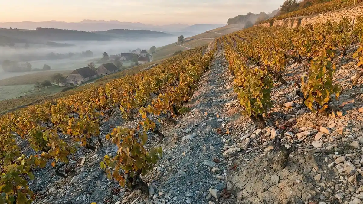 Steep terraced Jura vineyard rows on grey-blue marl soil in eastern France, the Alps faint on the horizon at golden hour