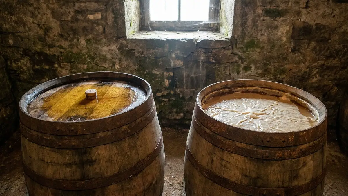 Two barrels in a cool stone Jura cellar, one topped up to the brim and one left with an airy gap beneath a yeast film, soft natural light