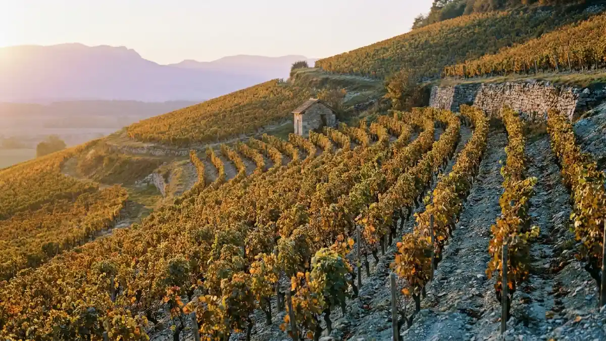 Steep terraced Jura vineyard rows on a marl hillside in eastern France, the Alps faint on the horizon at golden hour