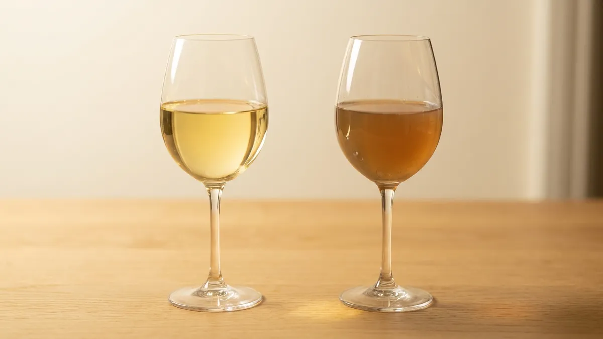 Two identical glasses of dry white wine side by side, one clear pale gold and one dull amber-brown