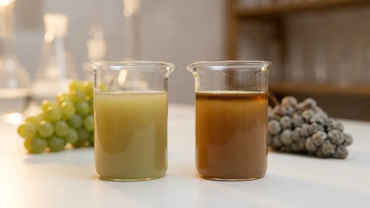 Two small glass beakers of freshly pressed white grape juice on a lab bench, one pale green-gold and one turning caramel brown