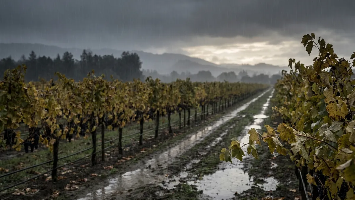 A vineyard in steady autumn rain, with puddles in the muddy lanes between drooping, soaked vine rows