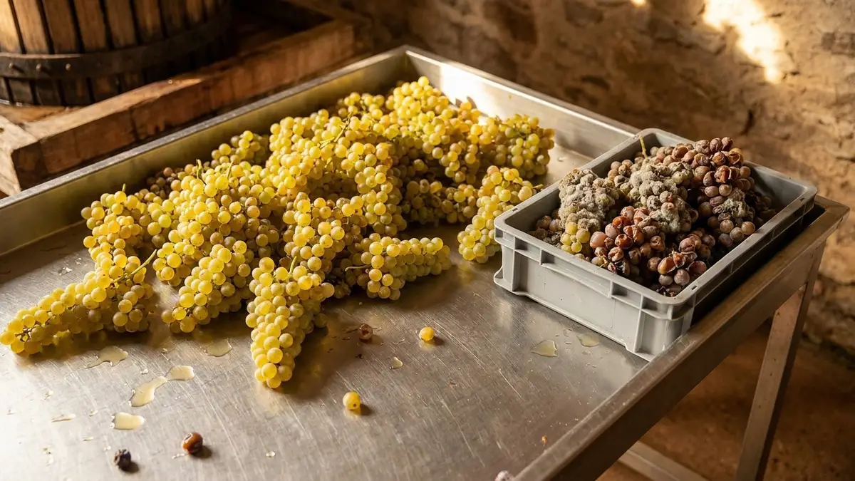 A stainless steel winery sorting table of golden white grape clusters, with mouldy grey bunches pushed aside into a crate