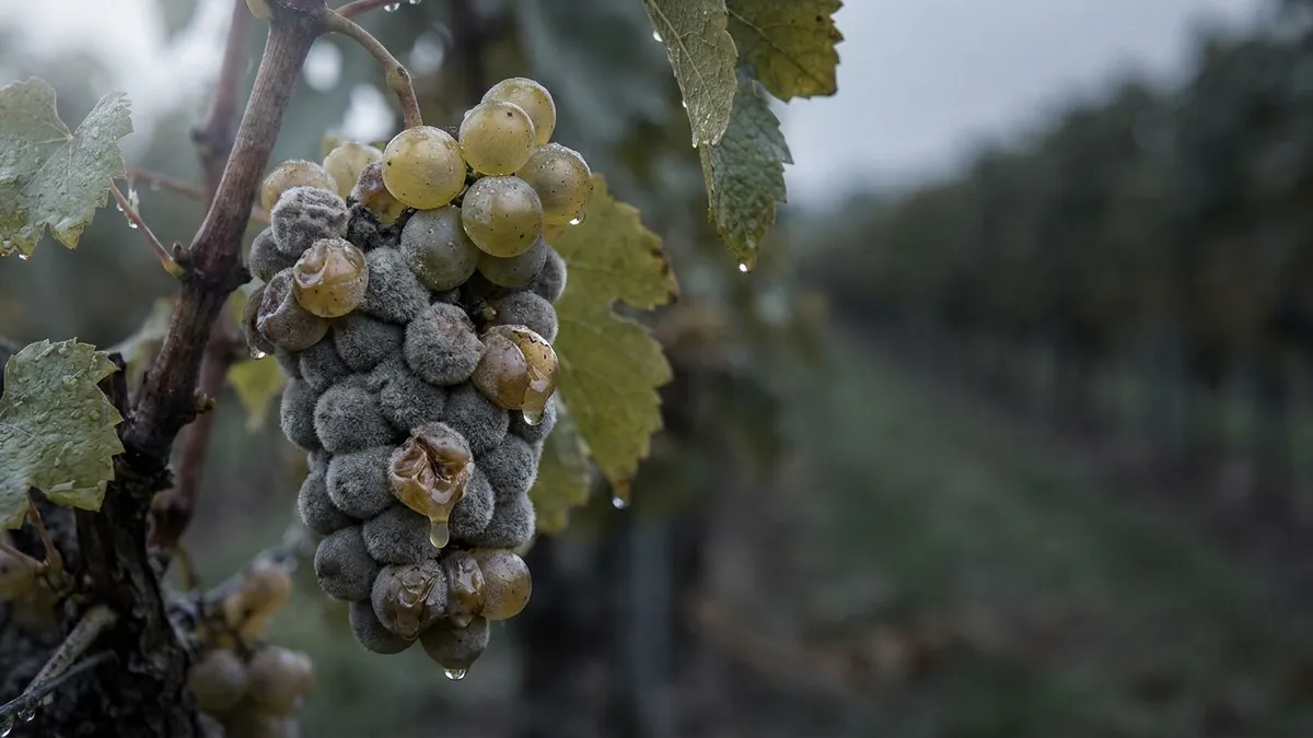 A white grape cluster on the vine after steady rain, with split berries and thick grey mould of grey rot