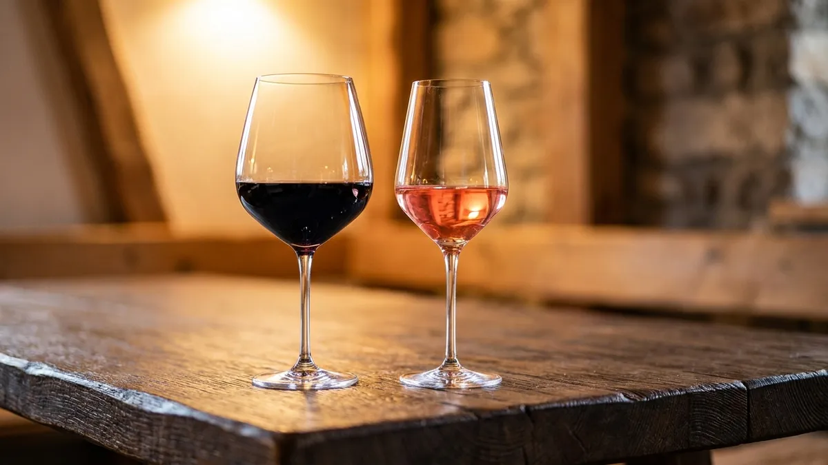 Two glasses side by side showing inky-dark Lagrein Dunkel and pale salmon-pink Lagrein Kretzer rosato on a rustic wooden alpine table