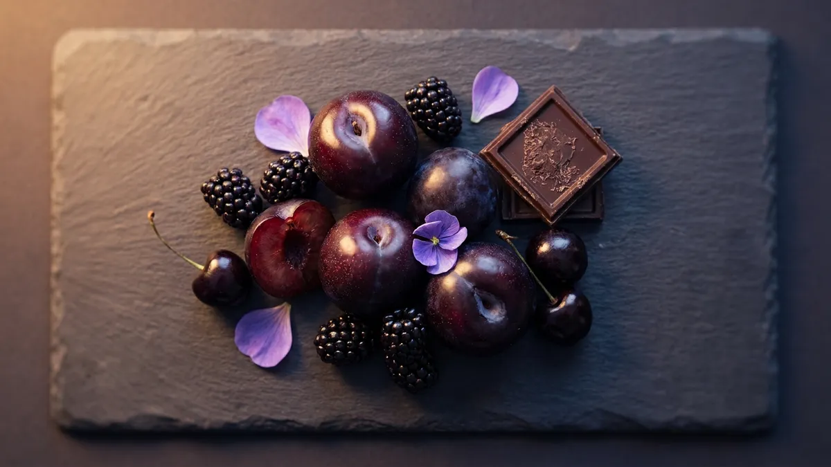 A flat-lay of Lagrein tasting cues: dark plums, blackberries, a square of dark chocolate, and violet petals arranged on dark slate