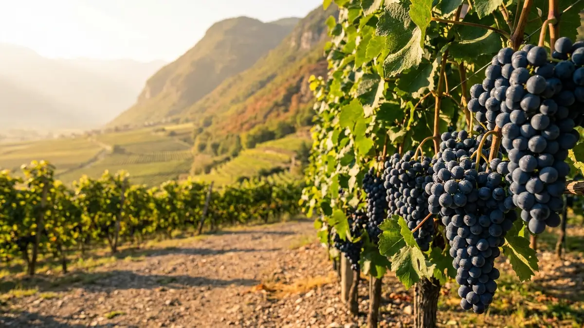 A vineyard of dark Lagrein grapes ripening on the warm valley floor near Bolzano in Italy's Alto Adige, with steep alpine slopes behind under autumn light