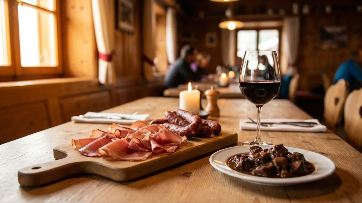 A rustic alpine table set with smoked speck, cured sausages, and a venison dish beside a glass of inky-dark Lagrein