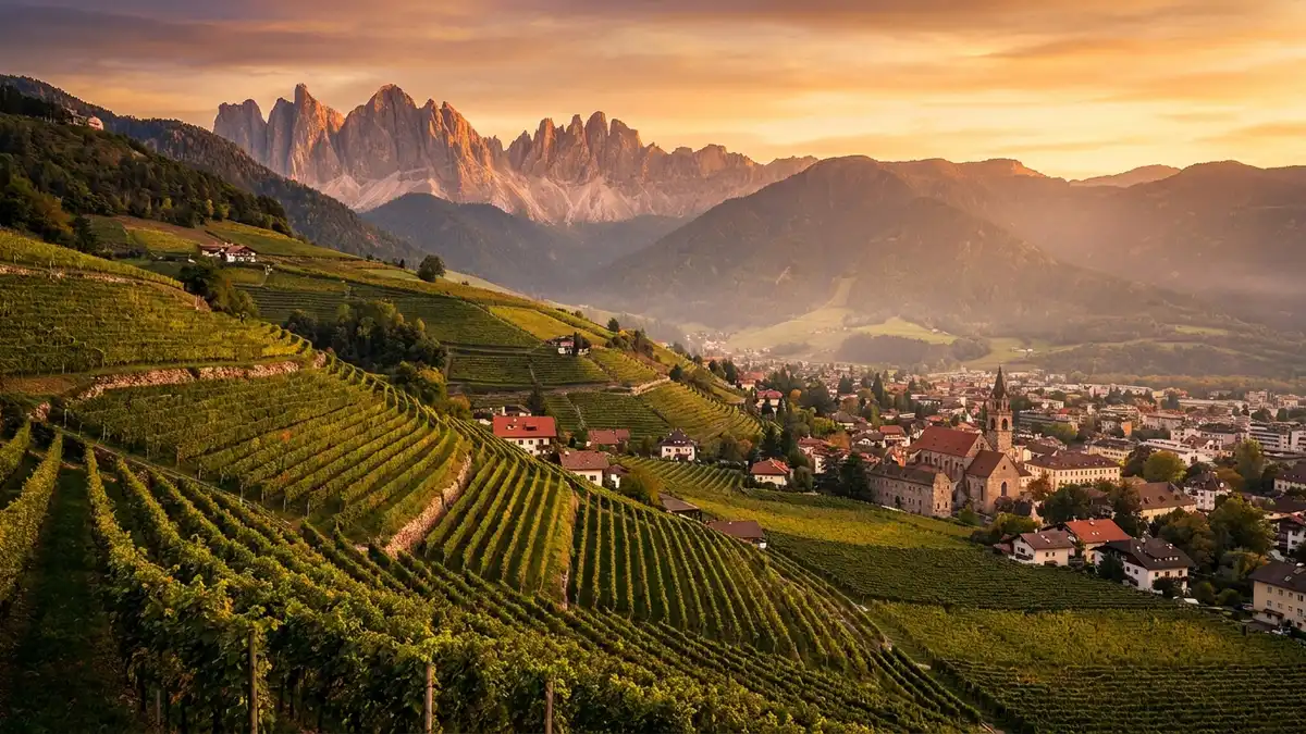Steep alpine vineyard slopes above the town of Bolzano in Alto Adige at golden hour, with mountains rising behind a warm green valley floor