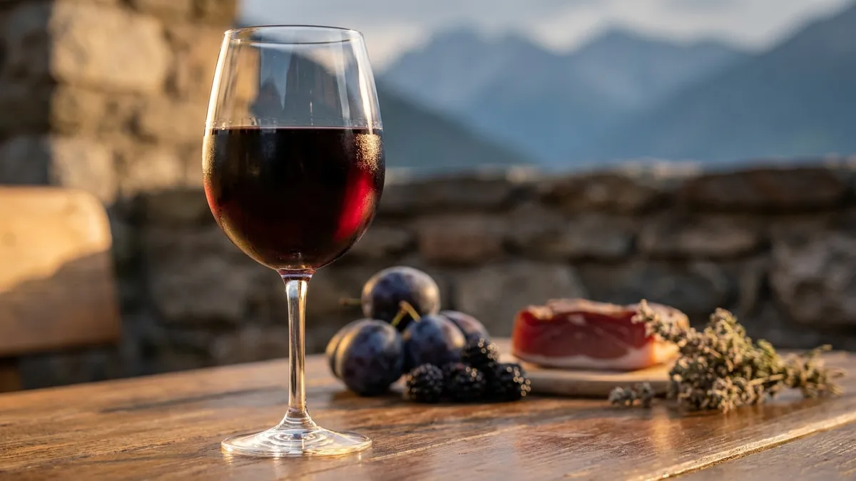A glass of inky dark-purple Lagrein wine on a wooden alpine table with dark plums, blackberries, and a piece of smoked speck in soft focus behind