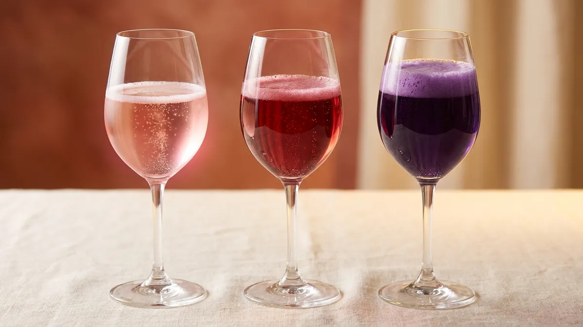 Three glasses of sparkling Lambrusco in a row, from pale rosé on the left through ruby to deep purple on the right