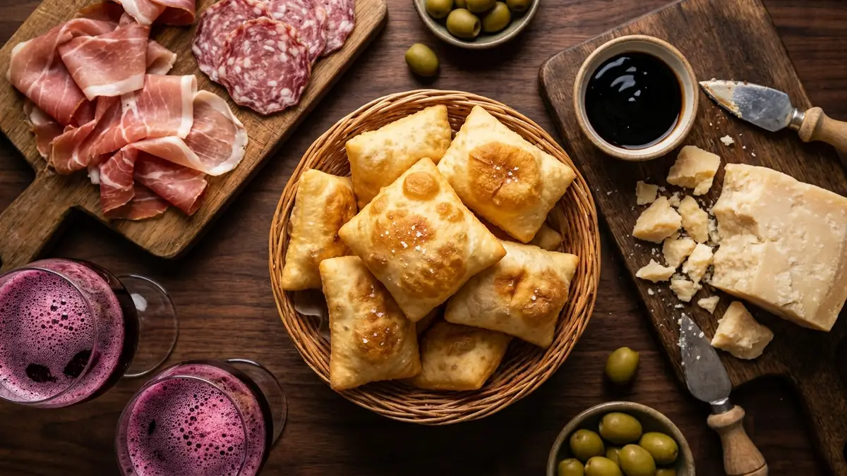 An overhead spread of fried dough pillows, cured ham, salami, aged hard cheese, balsamic and olives with two glasses of foaming purple-red Lambrusco
