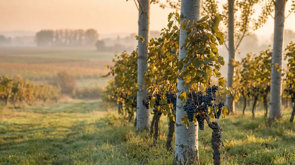 Old grapevines trained up the pale trunks of tall poplar trees on a misty flat plain, with dark grape clusters hanging in golden light