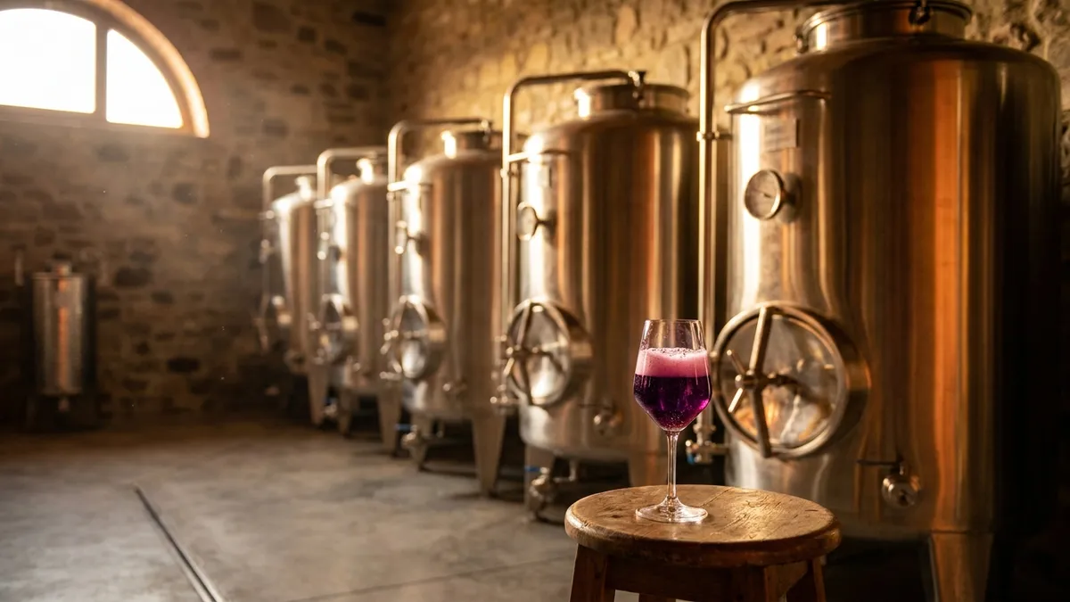 A row of gleaming stainless steel pressure tanks in a stone winery cellar, with a single glass of foaming purple-red wine on a wooden stool
