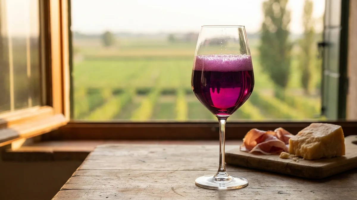 A glass of foaming purple-red sparkling Lambrusco on a farmhouse table beside cured ham and aged cheese, with vines and poplar trees outside the window