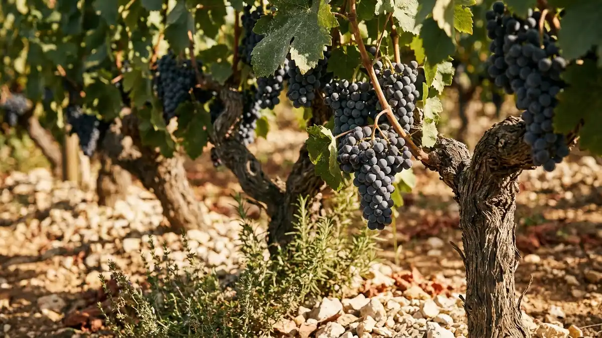 Old gnarled Carignan and Grenache vines on stony Languedoc soil, clusters of dark grapes ripening in strong Mediterranean sun