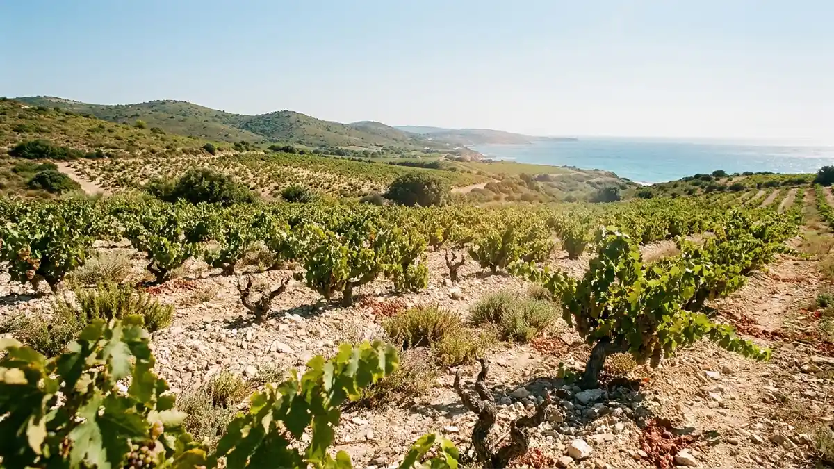 Sun-drenched Languedoc vineyard sweeping down toward the blue Mediterranean, gnarled old vines among limestone and scrubby garrigue herbs