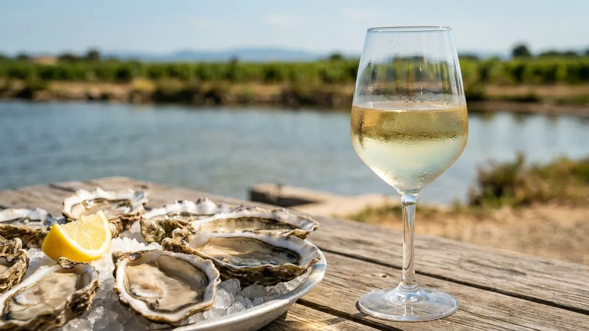 Chilled glass of pale Picpoul de Pinet beside a platter of fresh oysters at a sunny Mediterranean lagoon, vines in the background