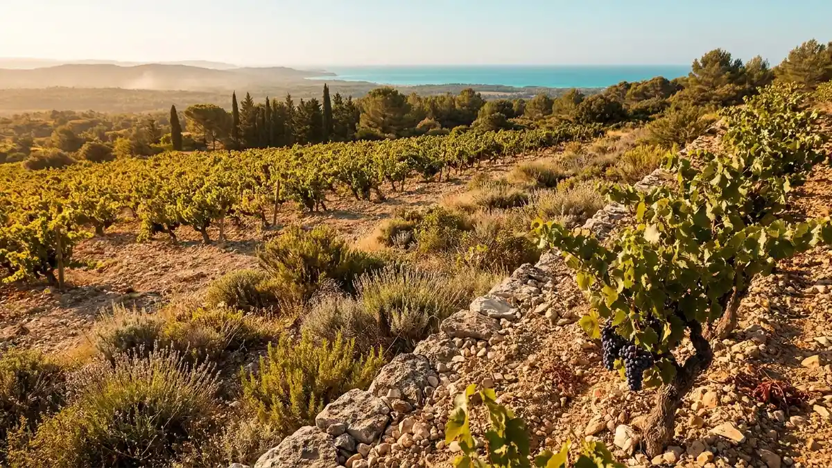 Sun-drenched Languedoc vineyards sweeping toward the Mediterranean, low gnarled vines among scrubby garrigue herbs and limestone hills