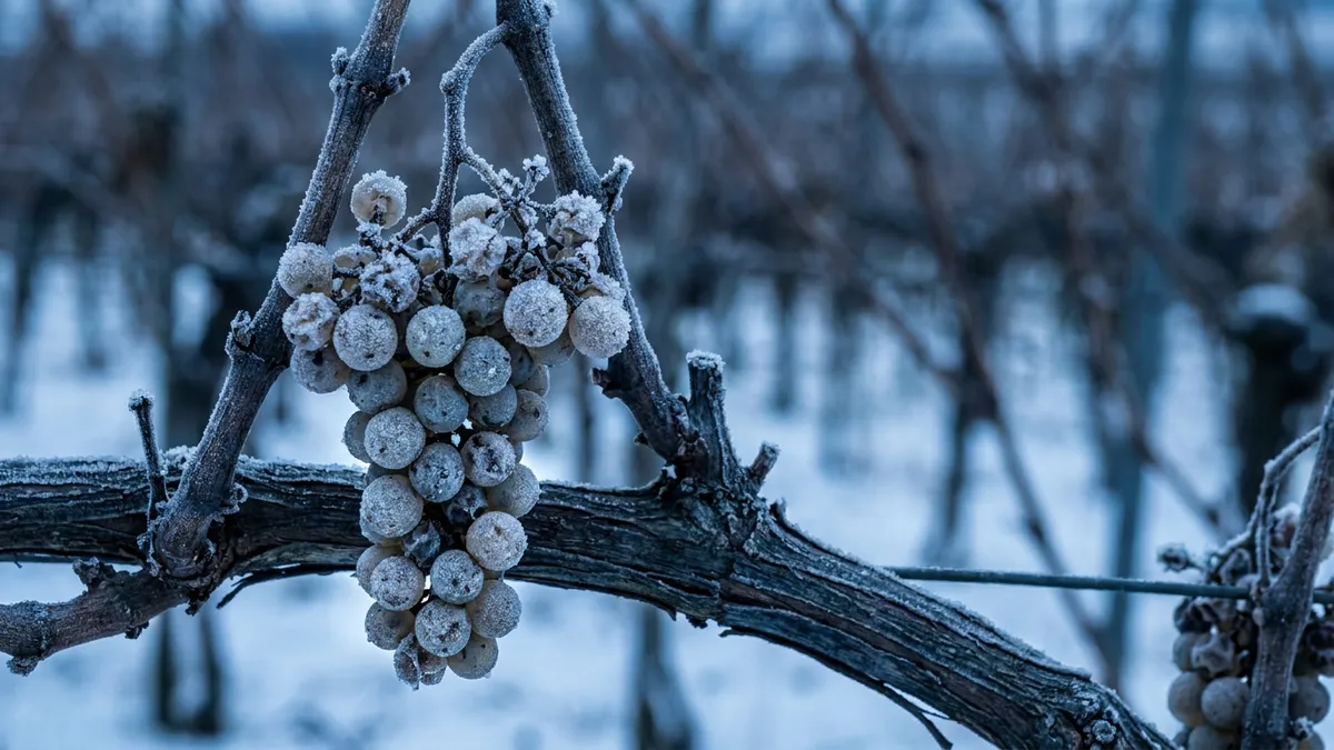 A frost-covered grape cluster still hanging on the vine under cool blue winter light