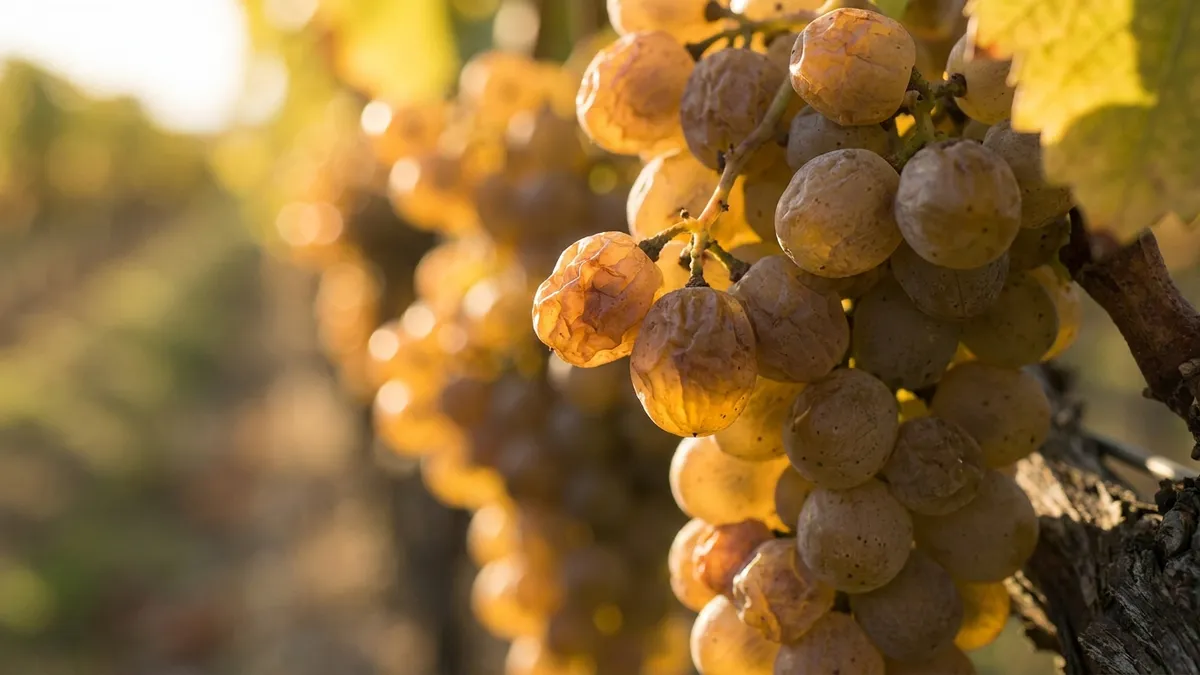 Close-up of a cluster of pale gold wine grapes clearly shriveled on the vine in warm autumn light