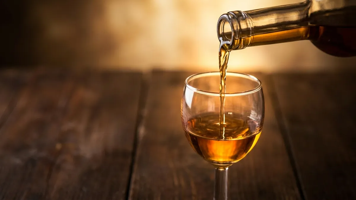 A glass of deep golden dessert wine being poured in warm backlight, no bottle visible