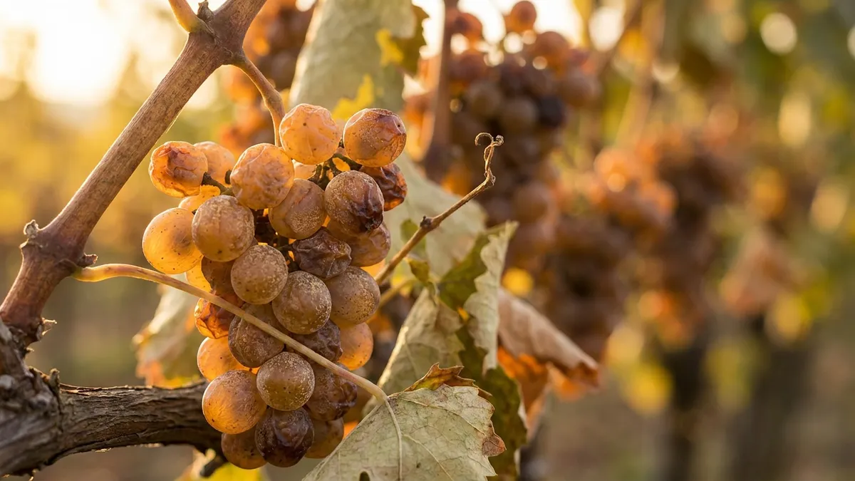 A cluster of golden white wine grapes visibly shriveled on the vine in warm autumn light