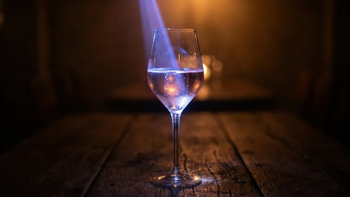A single glass of sparkling rosé on a table, a narrow beam of cool blue light crossing it against a warm dark background