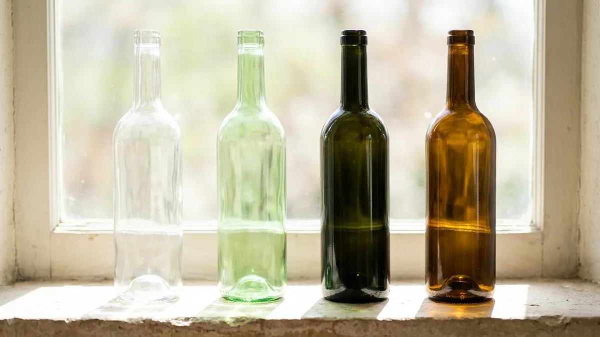Four empty wine bottles in clear, pale green, dark green and amber glass standing in a row on a windowsill, sunlight passing through them at different strengths