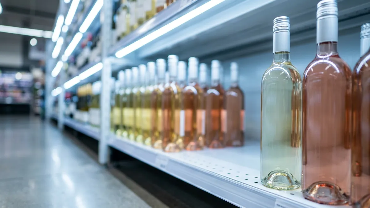 A row of pale white and rosé wines in clear bottles on a supermarket shelf under bright cool overhead strip lights