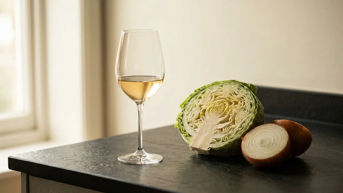 A glass of pale golden white wine on a dark kitchen counter beside a halved raw cabbage and a cut onion, lit by soft side light