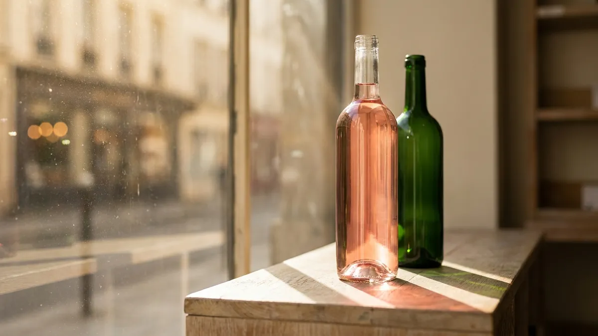 A clear glass bottle of pale rosé standing in a bright shop window with hard sunlight falling across it and a dark green bottle standing beside it