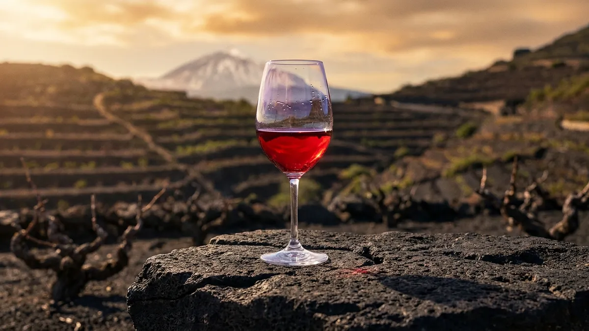 A glass of bright ruby Listán Negro wine on dark volcanic rock with terraced Tenerife vineyards and Mount Teide in soft focus behind