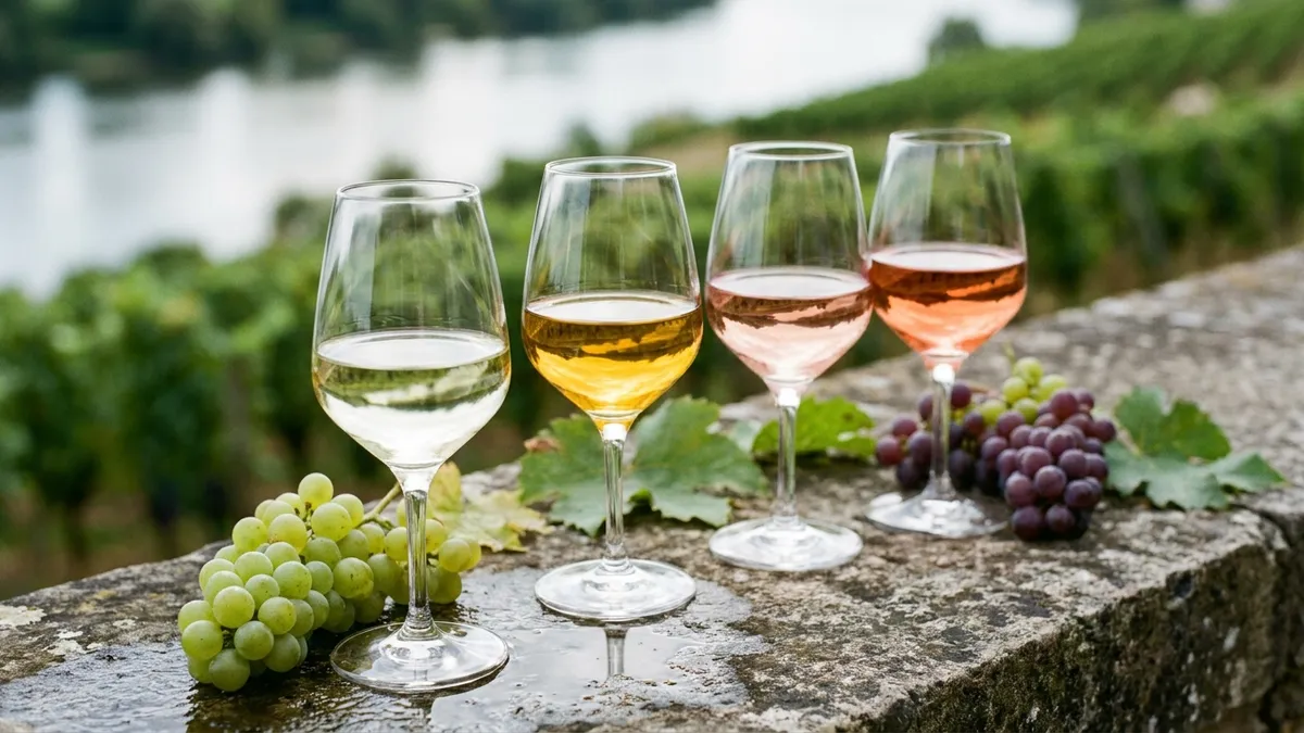 Glasses of pale Loire wines lined up on a riverside stone ledge — crisp white, light red, and rosé in cool daylight