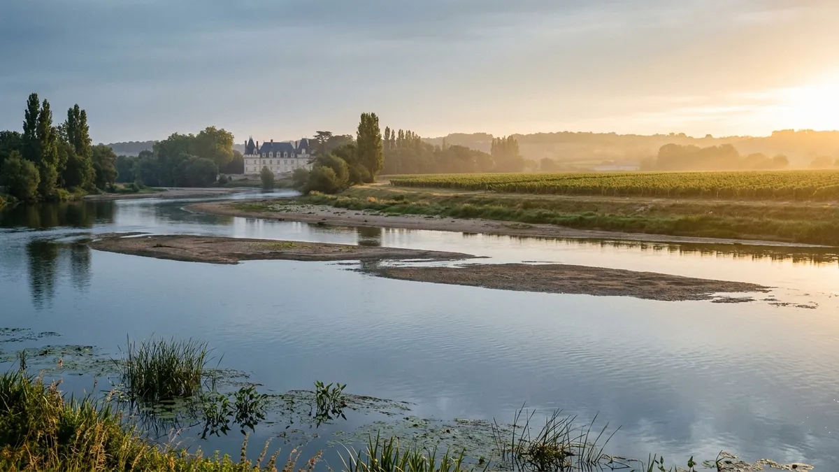 Wide view of the Loire river curving past riverside vineyards and a limestone château in soft morning light