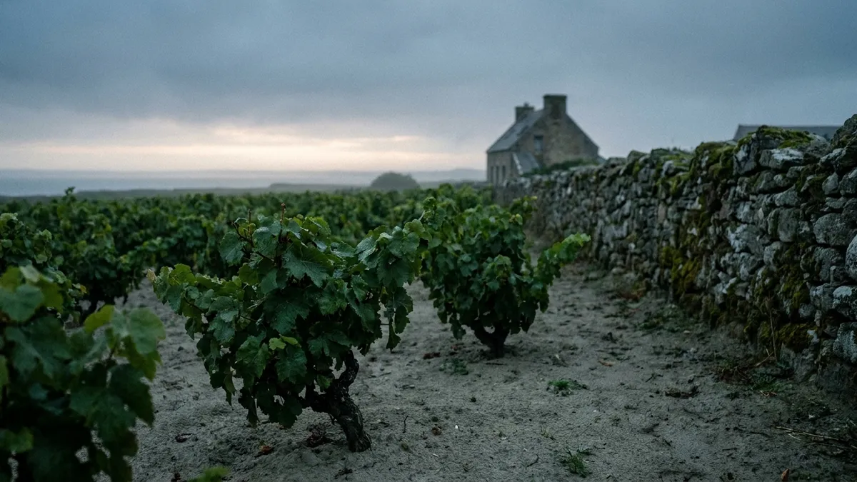 Coastal Pays Nantais vineyard near Nantes with low green vines under a cool grey-blue Atlantic sky