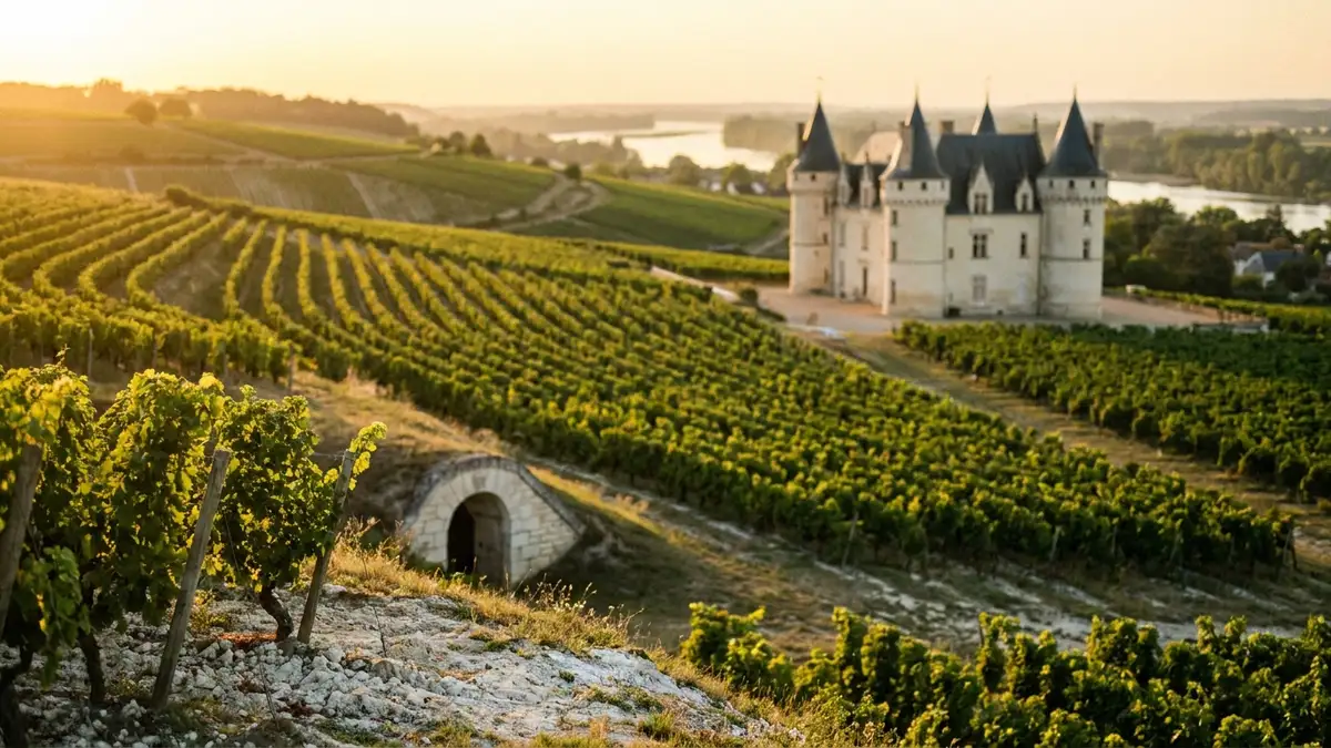 Touraine vineyard rows on gentle slopes with a pale tuffeau limestone château and the Loire river beyond