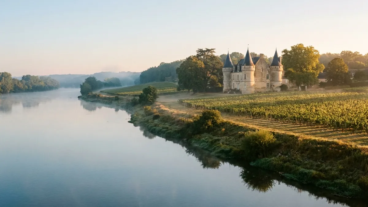 Loire river curving past green riverside vineyards and a pale limestone château in soft morning light