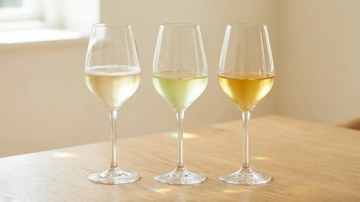 Three stemmed glasses in a row showing a pale, gently fizzy Moscato, a pale lemon-green Riesling, and a deeper golden full-strength white wine