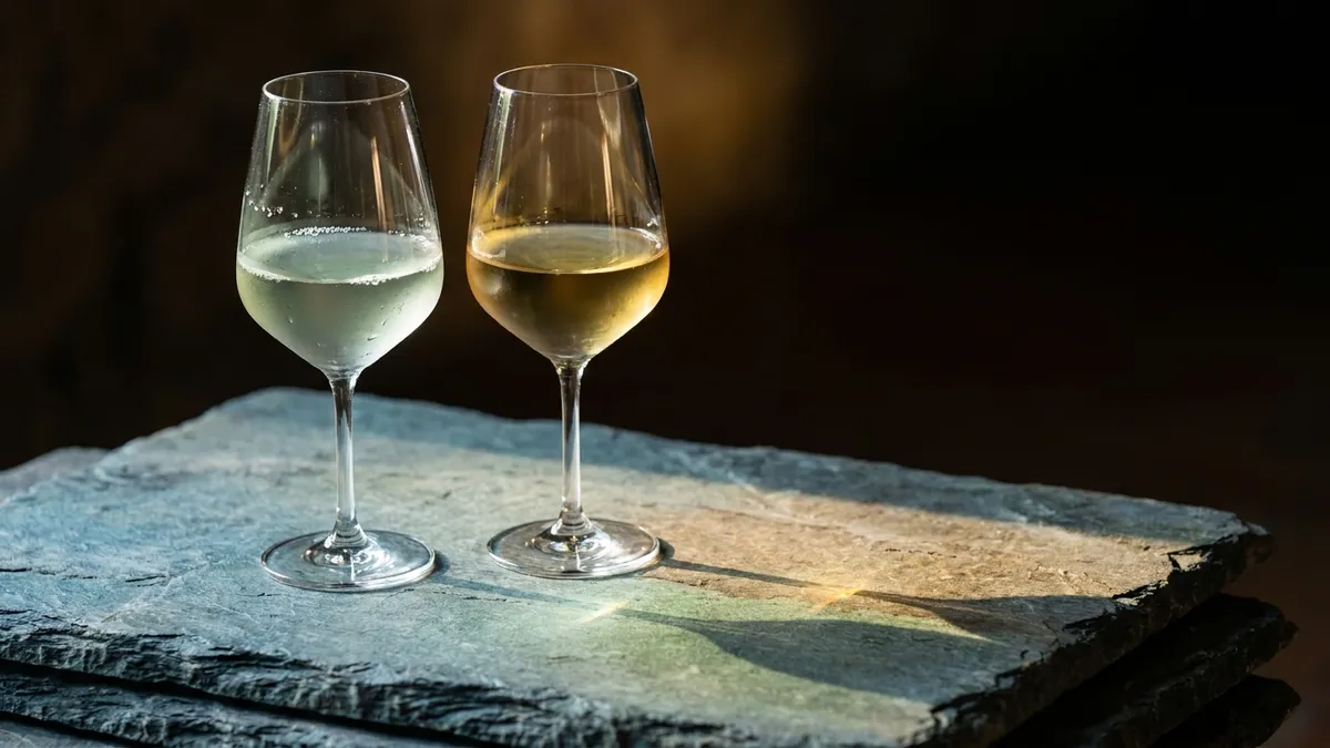 Two tulip-shaped glasses side by side on dark slate, the left pale and water-white with green tints, the right a deeper straw-gold, both catching low side light