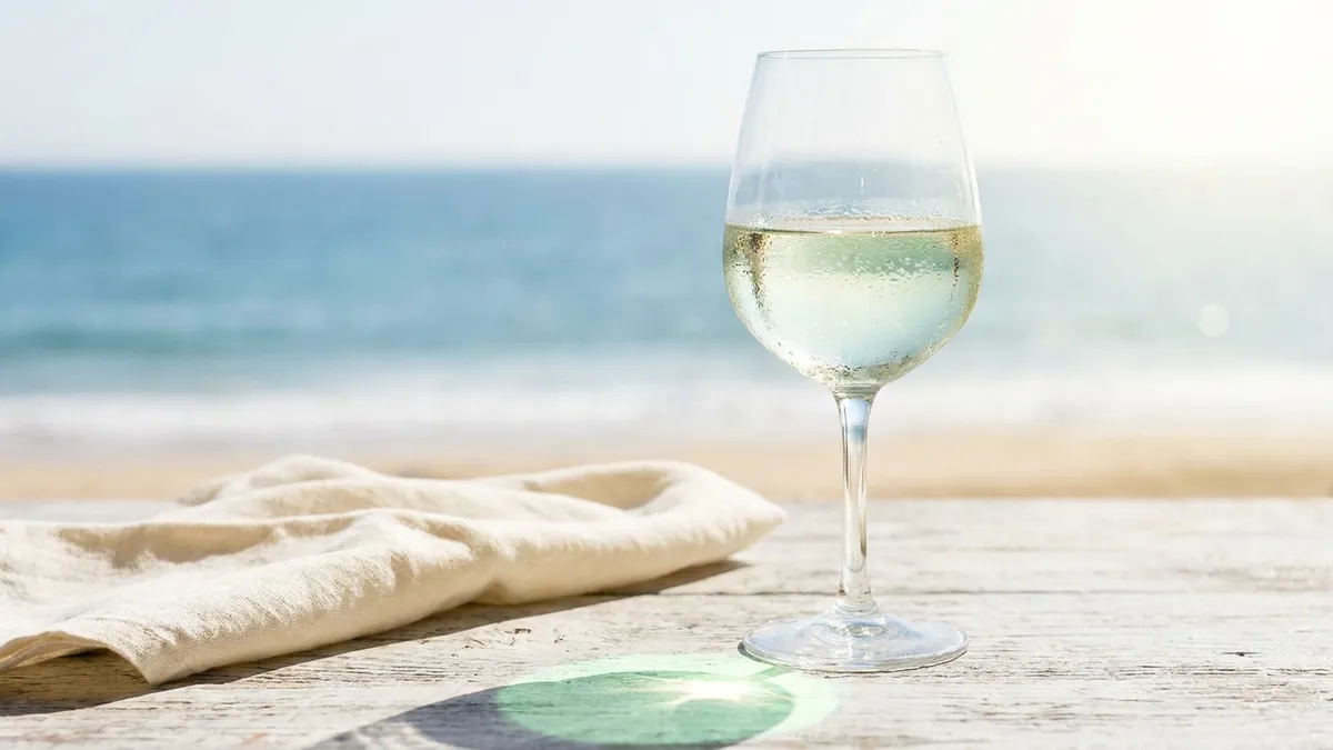 A single glass of pale green-tinged white wine with fine bubbles and condensation on a sunlit seaside table