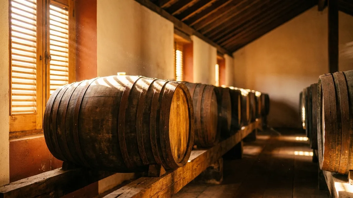 Rows of weathered oak casks resting in a sunlit wooden lodge attic on Madeira, warm light falling through slatted shutters