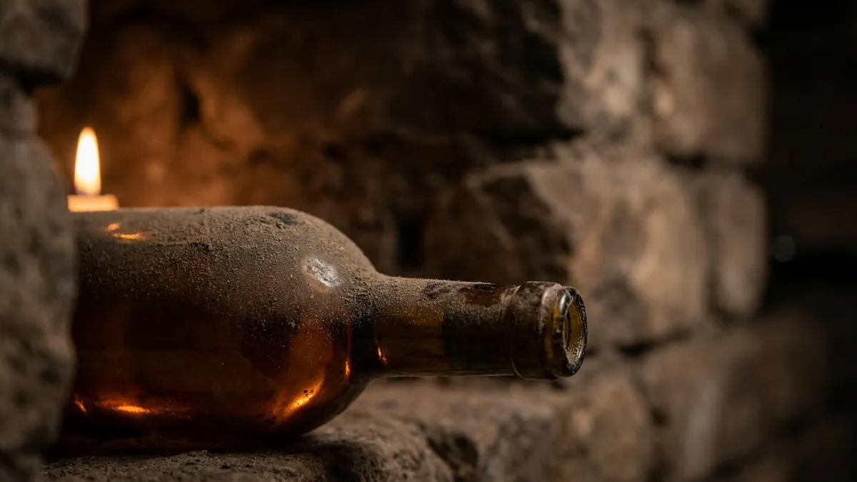 A single dust-covered old bottle of Madeira resting on its side in a stone cellar niche, lit by a single warm light
