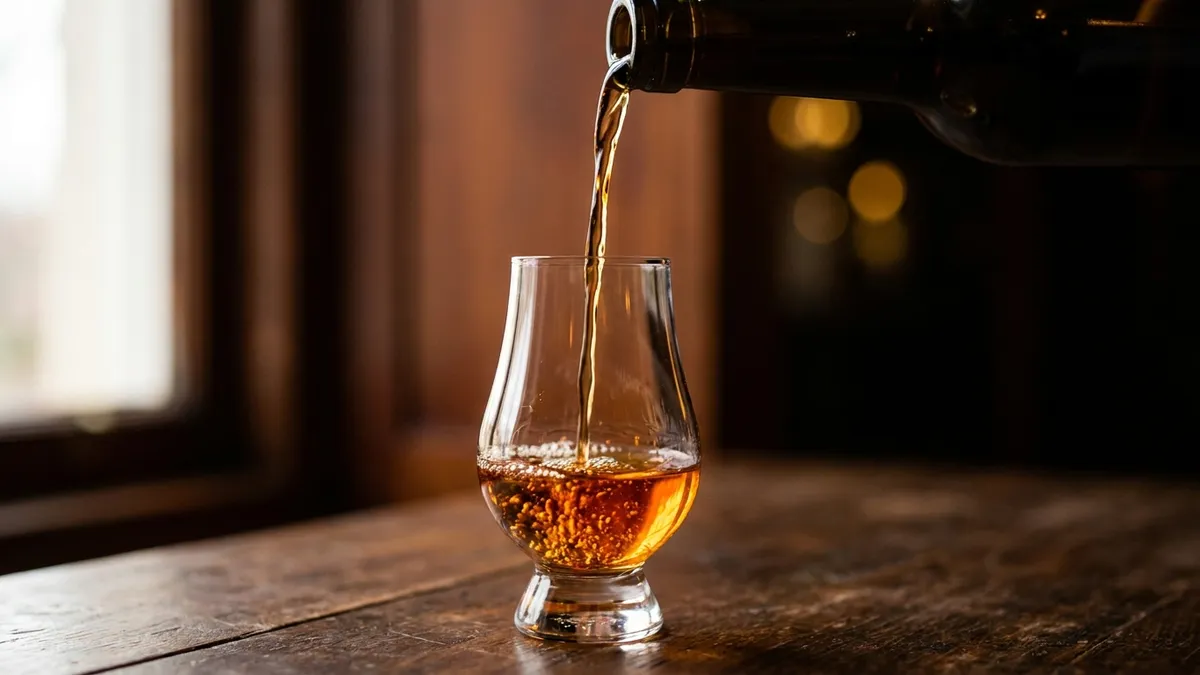 Amber Madeira being poured in a thin stream into a small tulip glass on a dark wooden table, glowing in soft side light