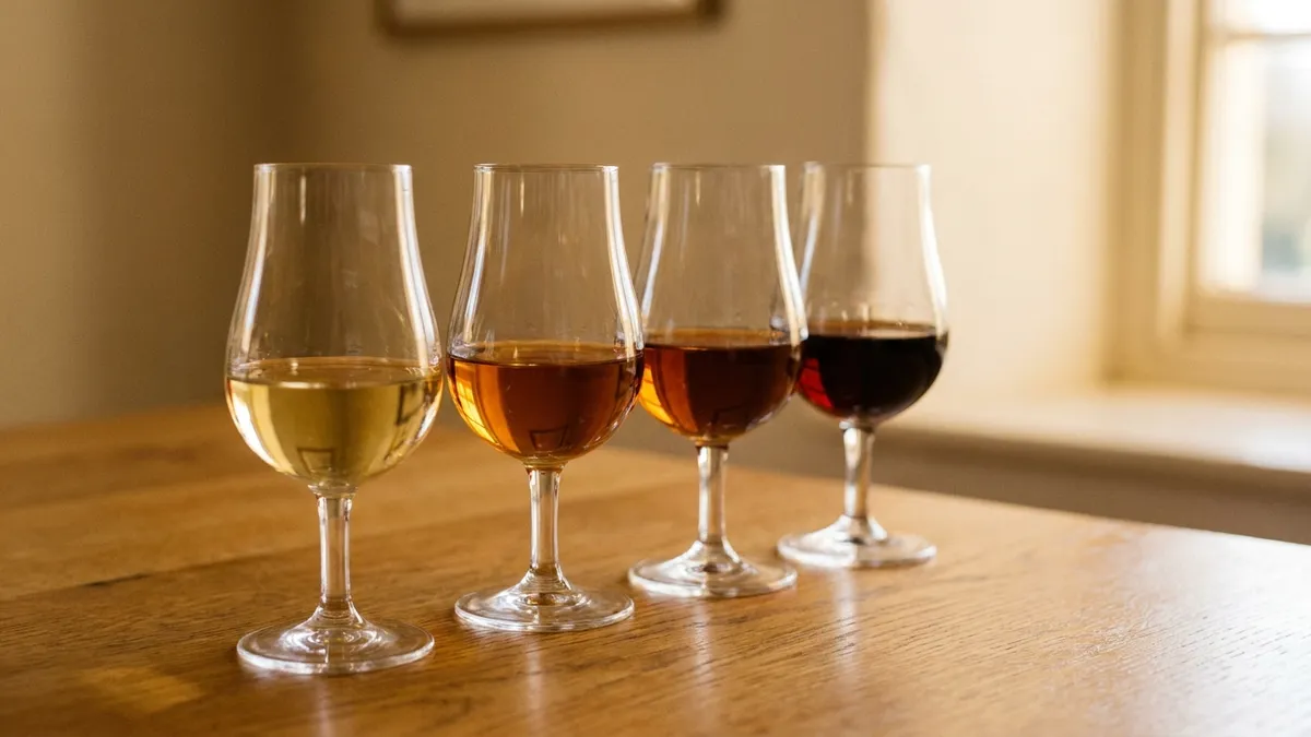 Four small tulip glasses of Madeira lined up on an oak table, deepening in colour from pale gold to deep mahogany