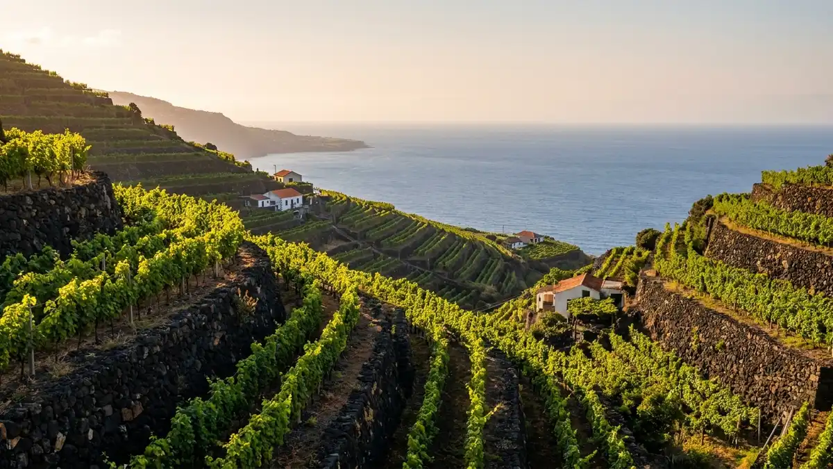 Steep terraced vineyards stepping down a volcanic hillside on Madeira toward the Atlantic in warm late-afternoon light