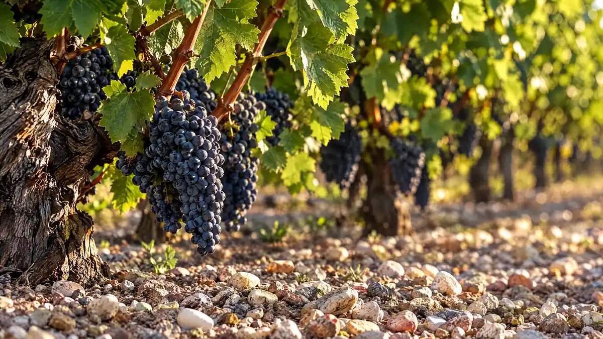 Old Cabernet Sauvignon vines with blue-black bunches hanging over pale gravel soil in a Bordeaux vineyard